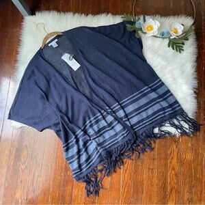 Navy Wrap Sweater Open Cardigan with Fringe Hem NWT